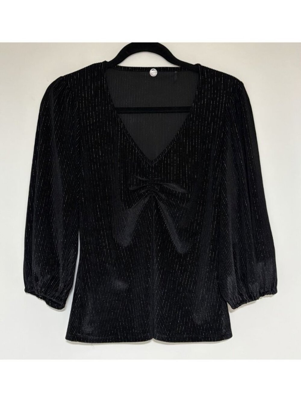 Margaret O'Leary Women’s Black V-neck Subtle Striped Sparkle Blouse Size Medium
